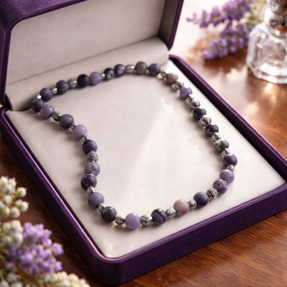 Frosted Purple‎ and Silver Beaded Necklace - New